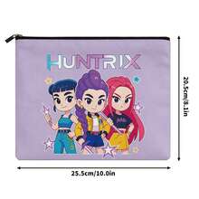 Miniso 可愛 Q 版 Huntrix 化妝包，三位角色 & "HUNTRIX" Logo 印花帆布拉鍊收納袋，便攜式化妝品、旅行與日常用品收納袋 - 10x8.1英寸 - 查看 5
