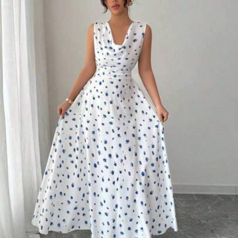 Vestido de verano 2025 con estampado floral, cintura elástica y holgada, elegante, cuello en pico sin mangas - Multicolor - Ver 1