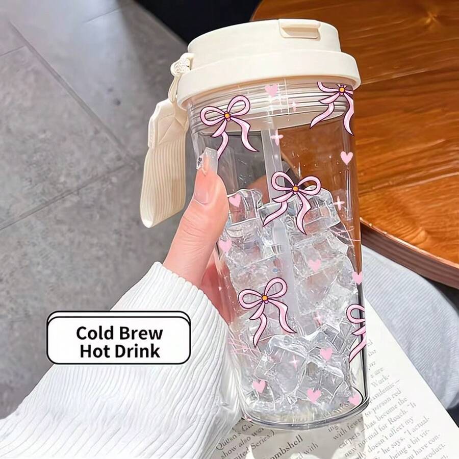1個/5個 500ml 可愛粉色蝴蝶結與愛心印花塑膠杯，附吸管與杯蓋，防漏可重複使用水杯，冷熱飲杯附掛繩，適合女孩生日與開學的可愛美學禮物，冰咖啡杯