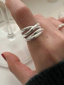 Gold Plated Twisted Intertwined Open Cuff Ring, Minimalist Irregular Layered Band Adjustable Statement Ring For Women Daily Jewelry - Silver - View 4