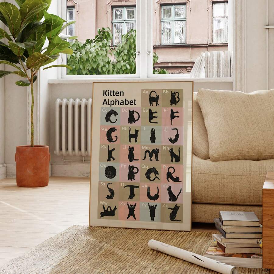 1 pièce Art mural sans cadre Alphabet chat coloré ABC animal - Décoration de salle de jeu d'apprentissage précoce, affiche éducative pour la nurserie, la chambre, le dortoir, la décoration de chambre, la décoration de chambre, les impressions murales, la décoration vintage & le meilleur choix de cadeau - Cartoon - Voir 1