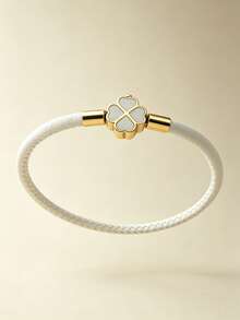 1pc White Leather Four-Leaf Clover Pendant Bracelet, Gold Clasp, Minimalist Style Lucky Bracelet, Suitable For Daily And Office Wear Women Accessory - Ivory - Gold Clover - View 1
