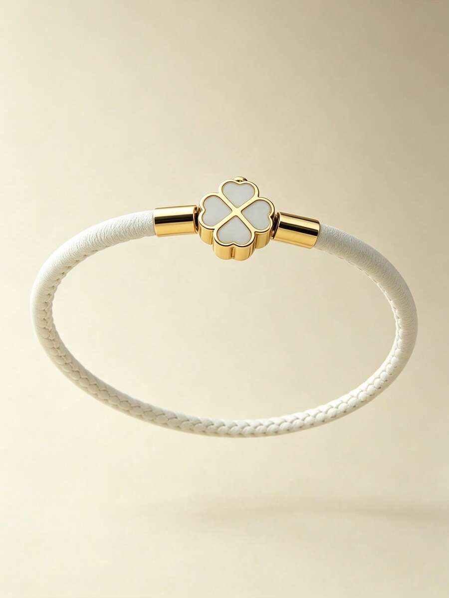 1pc White Leather Four-Leaf Clover Pendant Bracelet, Gold Clasp, Minimalist Style Lucky Bracelet, Suitable For Daily And Office Wear Women Accessory - Ivory - Gold Clover - View 1