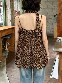 Women's Leopard Print Ruffle Strap Tank Top, Flared Hem, Woven Fabric, Regular Length, Fashionable Summer Style Casual Vacation - Rust Brown - View 9