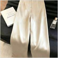 Pantalones rectos de mujer de tela de satén con pliegue delantero y decoración de nudo, adecuados para ir al trabajo, uso diario en primavera/verano - Caqui - Ver 3