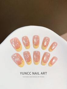 10pcs Handmade Short Square Pressed In Nails, Peach French Tips With Shiny Pearl Details, Sweet Daily Fake Nails Handmade Press On Nails - 彩色 - 查看 1