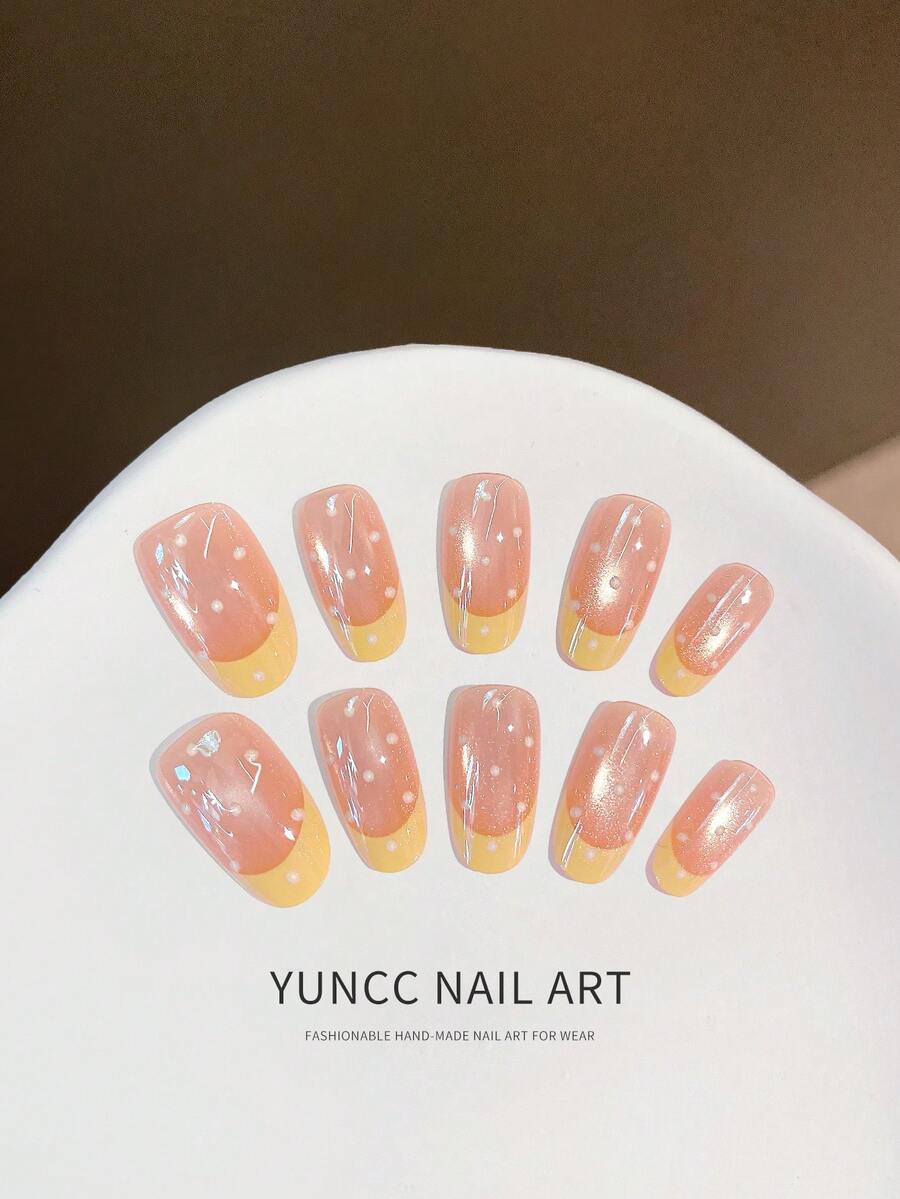 10pcs Handmade Short Square Pressed In Nails, Peach French Tips With Shiny Pearl Details, Sweet Daily Fake Nails Handmade Press On Nails - 彩色 - 查看 1