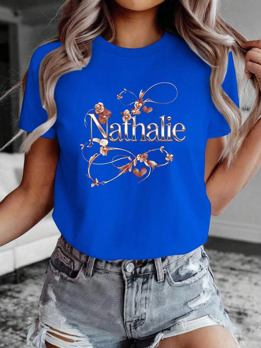 Fadish Nathalie Women's Comfortable Solid Color T-Shirt With Stylish Lettering - Blue - View 1