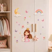 Calcomanía de pared de niña unicornio, pegatina de pared de vinilo removible con luna, arcoíris, estrellas, mariposas, flores, decoración de pared para dormitorio de niñas, habitación de niños, baby shower - Vinilo decorativo de pared para niña con vestido rosa - Ver 5
