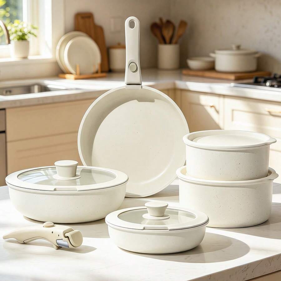 16-piece non-stick ceramic cooking set with detachable handles, integrated design suitable for frying, stir-frying, stewing and slow-cooking, with a maximum temperature of 480°F, compatible with induction cooktops, ready to use immediately, stackable cookware and plates can save space, and equipped with utensils, easy to clean, lids and pot pads. - Übersicht 1