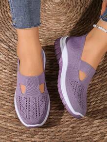 Ladies' Breathable Knitted Slip - On Sports Shoes With Stable Support - Soft EVA Sole, All - Season Casual Shoes. White With Black And Red Accents And - 814 Purple - View 5