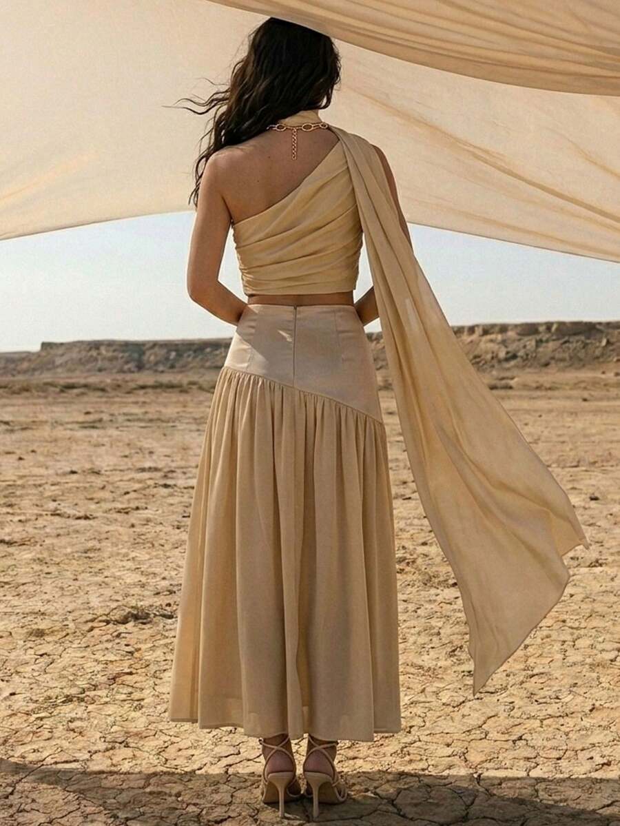 Conjunto de dos piezas casual para mujer con top de hombros plisado de unicolor y falda - Perfecto para el verano, conjunto ligero, conjunto de resort, conjunto de falda y top de verano - Amarillo claro - Ver 1