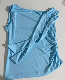 Elegant Suplex T-Shirt Top With Asymmetrical Shoulders And Straps, Ideal For Daily Use, Outings, Nightclubs, Parties, Halloween Costumes - 淺藍色 - 查看 11