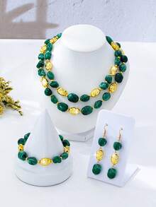 4pcs/Set Fashion Elegant Acrylic Asymmetrical Geometric Beaded Pendant Bracelet Necklace Earrings Set, Suitable For Women's Daily Summer Vacation Party Holiday Wear - Green - View 3