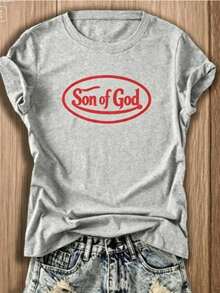 Women's Casual Cotton Short Sleeve Round Neck T-Shirt With 'Son Of God' Front Print And Back Serpent Graphic Tee - 灰色1 - 查看 3