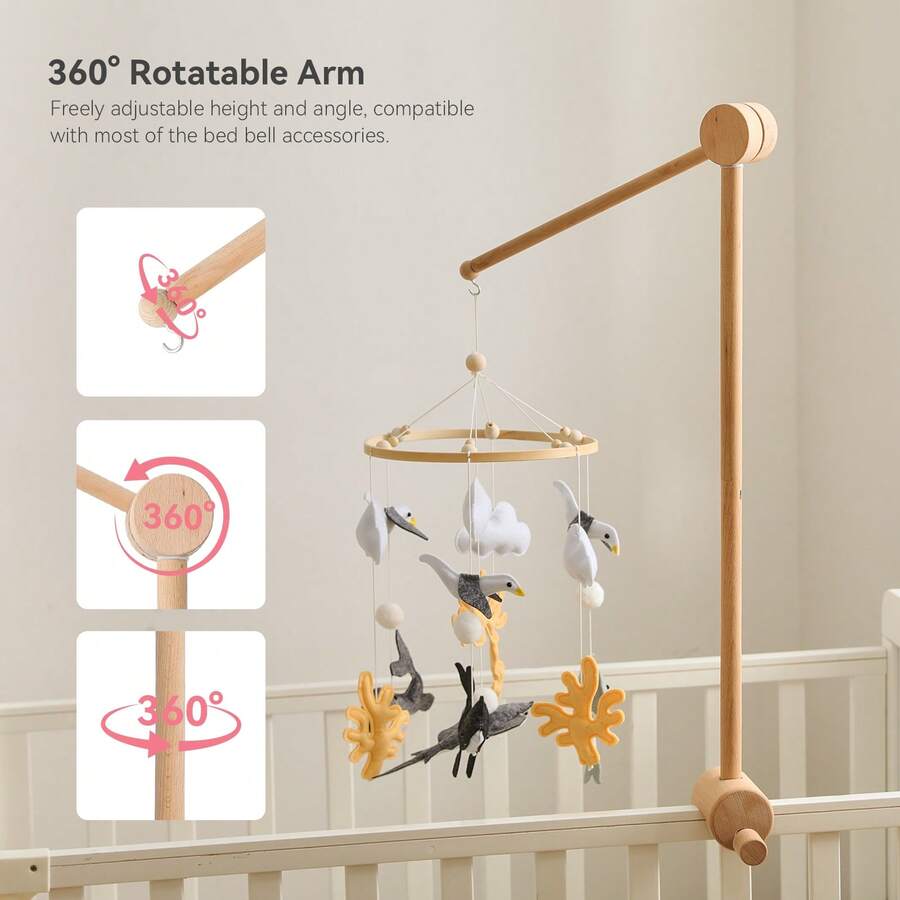 Minimalist Natural Wood Style Baby Hanging Ornament Stand, Adjustable Clamp Base, Fits Different Thickness Installation Surfaces, Stable And Durable, Lightweight And Portable, Suitable For Crib/Playpen/Children's Room Multiple Scenes