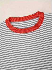 Plus Size Women 2026 Must Have Fall Winter Striped Knit Round Neck Long Sleeve Color Block Striped Knitted Fashion Chic Daily Going Out Loose Knitted Sweater - Grey - View 5