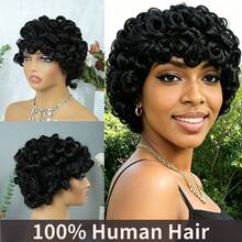 10-Inch Loose Curly Wave Pixie Cut Wig Made From Natural Hair, Featuring Bangs And A Breathable Rose Net Cap, Ideal For Women Wanting A Chic And Easy-To-Wear Style - Natural Black - View 8