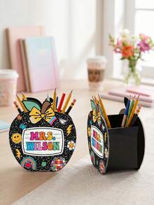 1pc Personalized Apple Shaped Pen Holder, Customizable Name, Cute Desktop Storage Pen Cup With Decorative Bow Design, Suitable For Teachers, Students, School Supplies Storage, Teacher Appreciation Gift - Multicolor - View 9