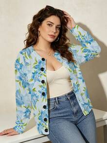 ASHKATIA Women's Plus-Size Vintage Cardigan Sweater, Fall Winter Knit For Social Occasions Blue Floral Print - Multicolor - View 13