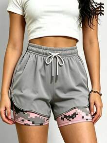 mulinsen Women's 2-In-1 Running Shorts With Contrast Color Design, Built-In Phone Pocket, Summer Workout Shorts - Light Grey - View 3