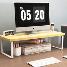 1pc Yellow Wooden Storage Rack Monitor Riser Stand Base Elevated Shelf Desktop Computer Riser Office Desktop Storage Rack - Brown - View 3