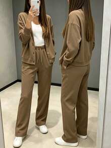 YI XUAN Women's 2pcs Set, Sports Casual Knit Cardigan Button Jacket And Drawstring Pants,Cotton Material Women's Clothing For Fall And WinterBrown Suit - Coffee Brown - View 3