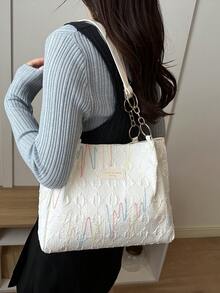 1pc Colorblock Striped Patchwork Polyester Large Capacity Zipper Fashion Shoulder Bag Suitable For Women's Daily Use - White - View 5