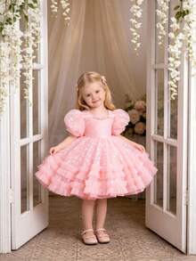 Váy peplum tay bồng bằng vải tuyn và satin in họa tiết bướm cho bé gái, váy hoa sang trọng cho tiệc sinh nhật, không bao gồm băng đô - Hồng - Xem 4