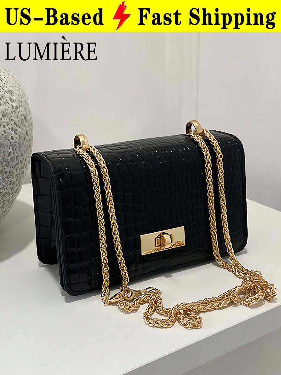 Fashion Small Shoulder Bag For Women Chain Strap Handbag Faux Leather Crocodile Embossed Pattern Crossbody Bag For Travel Commuting Graduation - 黑色 - 查看 1