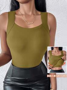ChicMe 女款無縫內墊背心，無袖方領修身內搭背心，高彈性修身款，休閒基礎夏季內搭衫 - 橄欖綠 - 查看 3