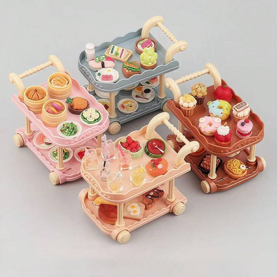 1 Set Mini Food Cart Set, Includes 1 Mini Food Cart And 10 Random Mini Food Models - Adult Mini Kitchen Toy Set, Miniature Objects, Dollhouse Miniature Models, Cute Small Figurines, Micro Landscape Cute Miniature Decorations, Miniature Models, Mini Objects - Multicolor - View 1