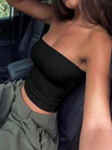 女款夏季性感辣妹休閒百搭 Y2K 風格黑色抹胸上衣，街頭風 - 黑色 - 查看 5