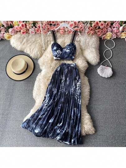 Conjunto de Dos Piezas para Vacaciones en la Playa, Top sin Tirantes con Estampado Floral, Falda Maxi Pada E con Do.