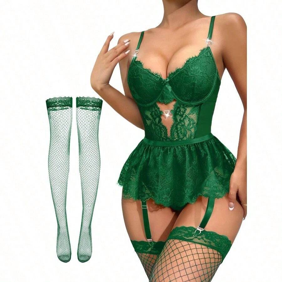 Lilosy Sexy Stocking Rhinestones Heart Garter Underwire Floral Mesh Lace Sheer Babydoll Lingerie Teddy Bodysuit Skirt Set - 墨綠色 - 查看 1