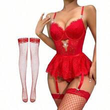 Lilosy Sexy Stocking Rhinestones Heart Garter Underwire Floral Mesh Lace Sheer Babydoll Lingerie Teddy Bodysuit Skirt Set - 鮮紅色 - 查看 1