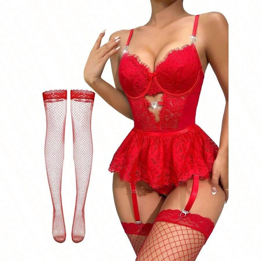 Lilosy Sexy Stocking Rhinestones Heart Garter Underwire Floral Mesh Lace Sheer Babydoll Lingerie Teddy Bodysuit Skirt Set - 鮮紅色 - 查看 1