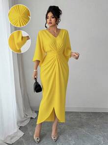 aElenzga Vestido ajustado con cuello en V y cintura ceñida para tallas grandesa NY2G - Amarillo - Ver 1