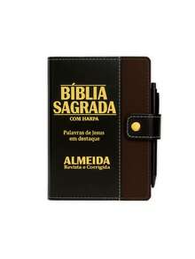 Bíblia Sagrada Letra Grande Botão Preta C/ Marrom C/ Harpa - Livro único - Visão 2