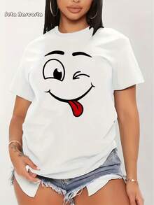 Playera Plus-Size con Estampado de 'Patrón de Sonrisa', Diseño Divertido en Manga Corta - Blanco - Ver 3