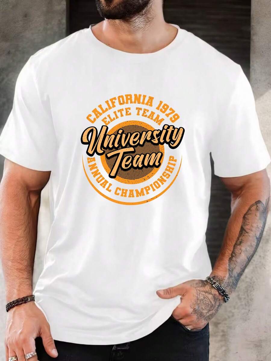 Maglietta casual da uomo con girocollo, maniche corte e stampa grafica California 1879 University Team, top regalo di Natale e festività per lui - Bianco - Visualizzare 1