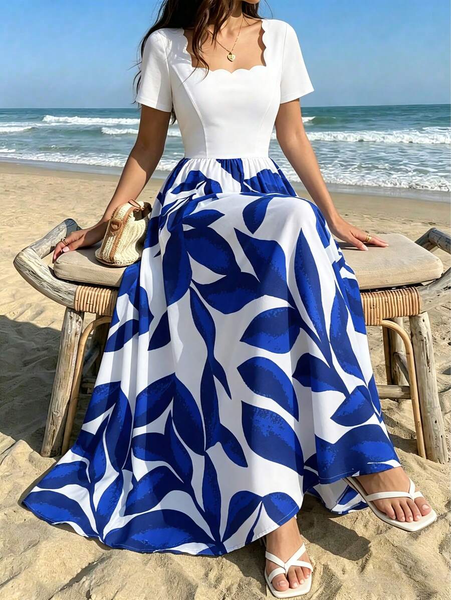 Dirp Noir Women's Early Autumn White & Klein Blue Large Leaf Plant Contrast Print Patchwork Wavy Square Neck Short Sleeve Ruched Mid-Length Drape Satin Dress, Suitable For Independence Day City Street Parade, European Town Street Photography, Light Business Afternoon Tea, Beach Casual Date, Spring/Summer Short Trip, Mexican Style - Blue and White - View 1