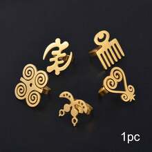 1pc 3cm African Gye Symbol Ring, Stainless Steel Metal Band, Egyptian Niame Jewelry, Cultural Wedding Ring - Multicolor - View 1