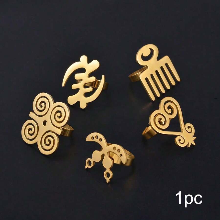 1pc 3cm African Gye Symbol Ring, Stainless Steel Metal Band, Egyptian Niame Jewelry, Cultural Wedding Ring - Multicolor - View 1