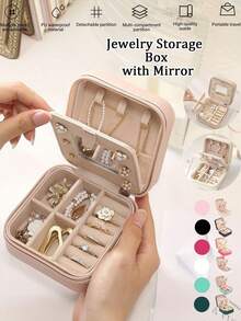 1pc Jewelry Box With Mirror, Travel Zipper Jewelry Box, Portable Home Jewelry Box, Fashion Personalized Leather Mini Jewelry Box, Dust-Proof Compact Jewelry Storage Box, Jewelry Accessories Storage Box, Great Gift For Men And Women - Jewelry Box With Mirror - View 2