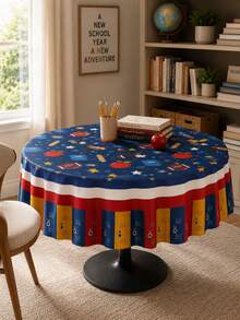 1pc Back To School Polyester Round Tablecloth - Locker & Apple Print Table Cover, Classroom Themed Tablecloth, Wrinkle & Fade Resistant, Lightweight Easy Care For Classroom, School Party, First Day Of School Decor - Multicolor - View 3