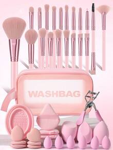 4/41Pcs Makeup Brushes Set, Pink All-In-One Kit With Beauty Sponges, Powder Puffs, Eyelash Curler & Wash Bag For Beginners - Pink - View 13