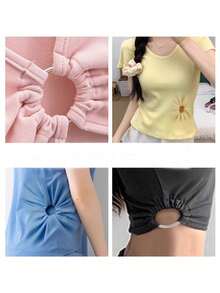 2 Piezas / 4 Piezas Camiseta de Manga Corta con Cintura Ceñida, Dobladillo Elástico Imprescindible, Dobladillo Largo Acortado por un Cierre de Nudo de Anillo Redondo con Metal Oculto - Multicolor - Ver 4