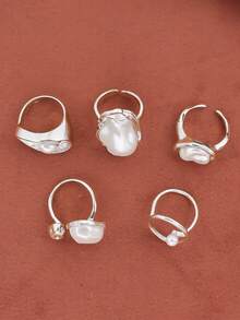 5pcs/Set Fashion Gold Color Faux Pearl Geometric Open Rings Set For Women Exaggerated Metal Asymmetric Adjustable Rings Jewelry Accessories - Silver - View 3