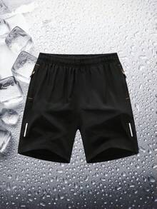 Pantalones cortos deportivos casuales holgados de alto rendimiento para hombre, de secado rápido, unicolor, con diseño de franja reflectante, bolsillos, cremallera y cordón de cintura - Negro - Ver 2